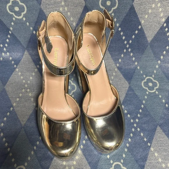 Women's Shiny Gold Ankle-Strap Platform Heels - Picture 4 of 5